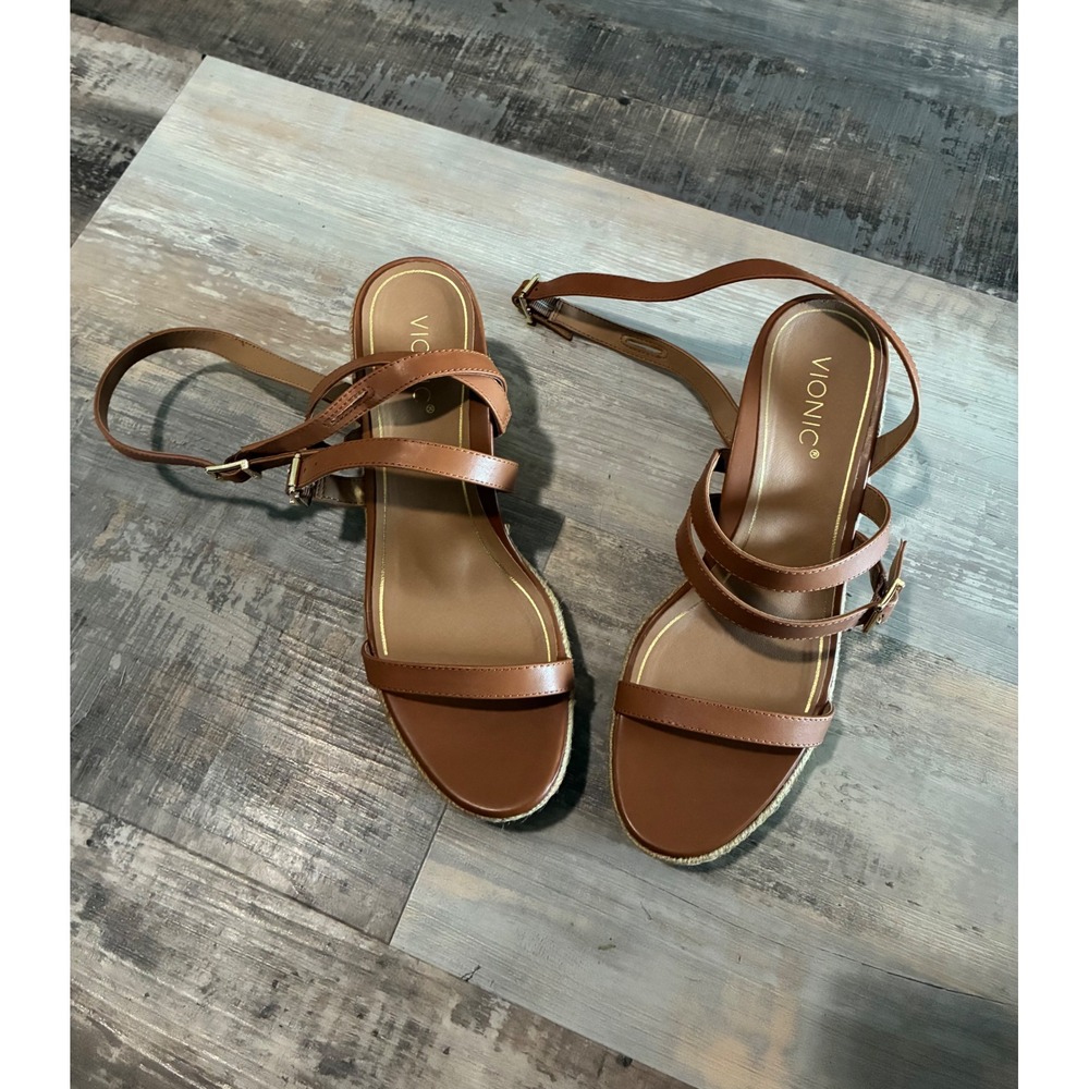 Vionic Womens Tan Brown Leather Espadrille Wedge Sandals Strappy Buckle Heel - Picture 3 of 12